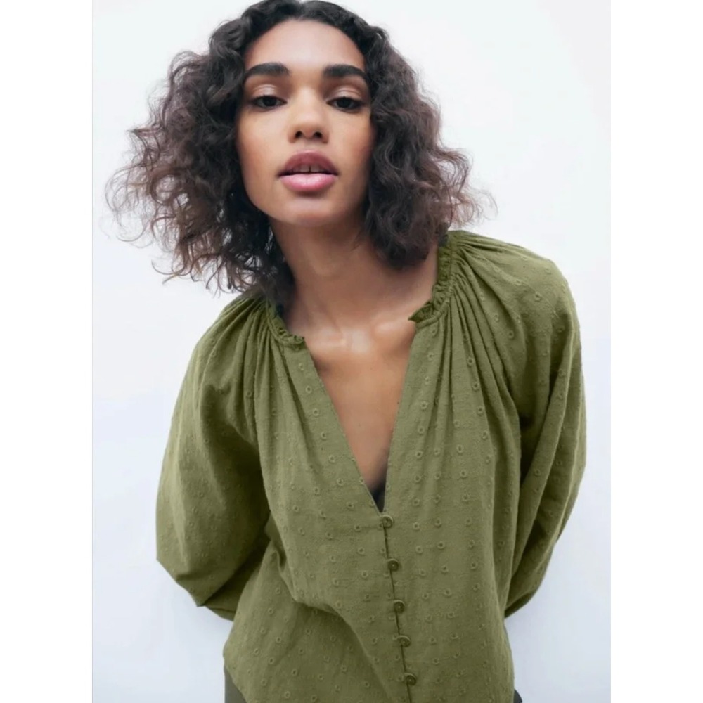 Zara Womens Cotton Boxy V-Neck Embroidered Ruffled Blouse Size M Green Cottage
